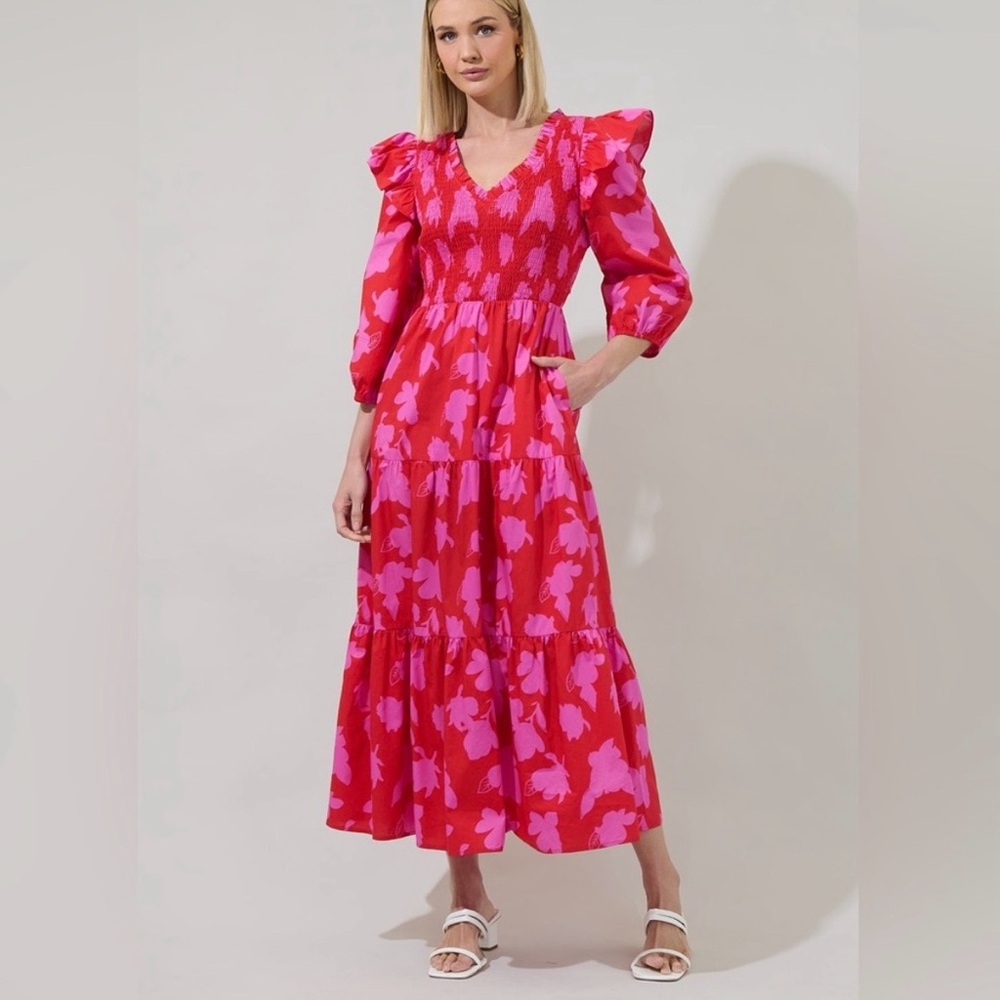 Sugarlips Red Pink Floral Puff Sleeve Smocked Tiered Midi Dress Size L